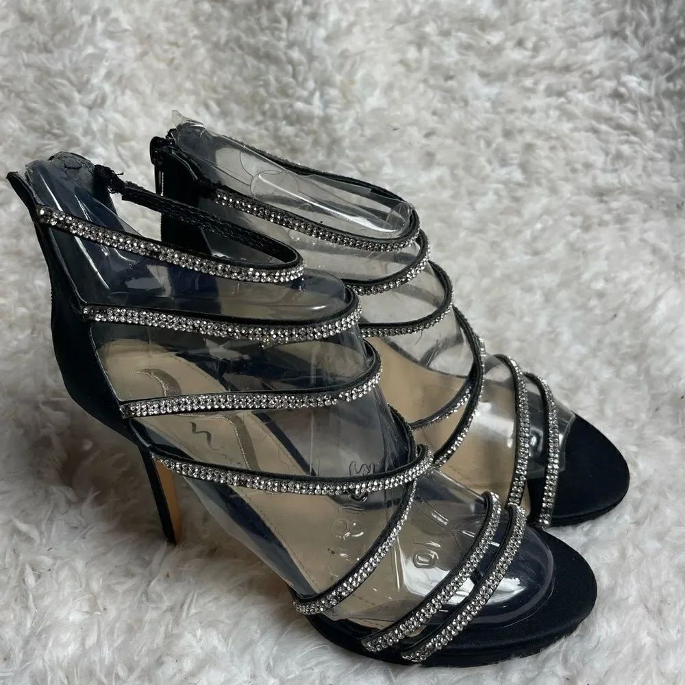 Nina Black Satin heels sandals Rhinestone straps back zipper size 7.5M